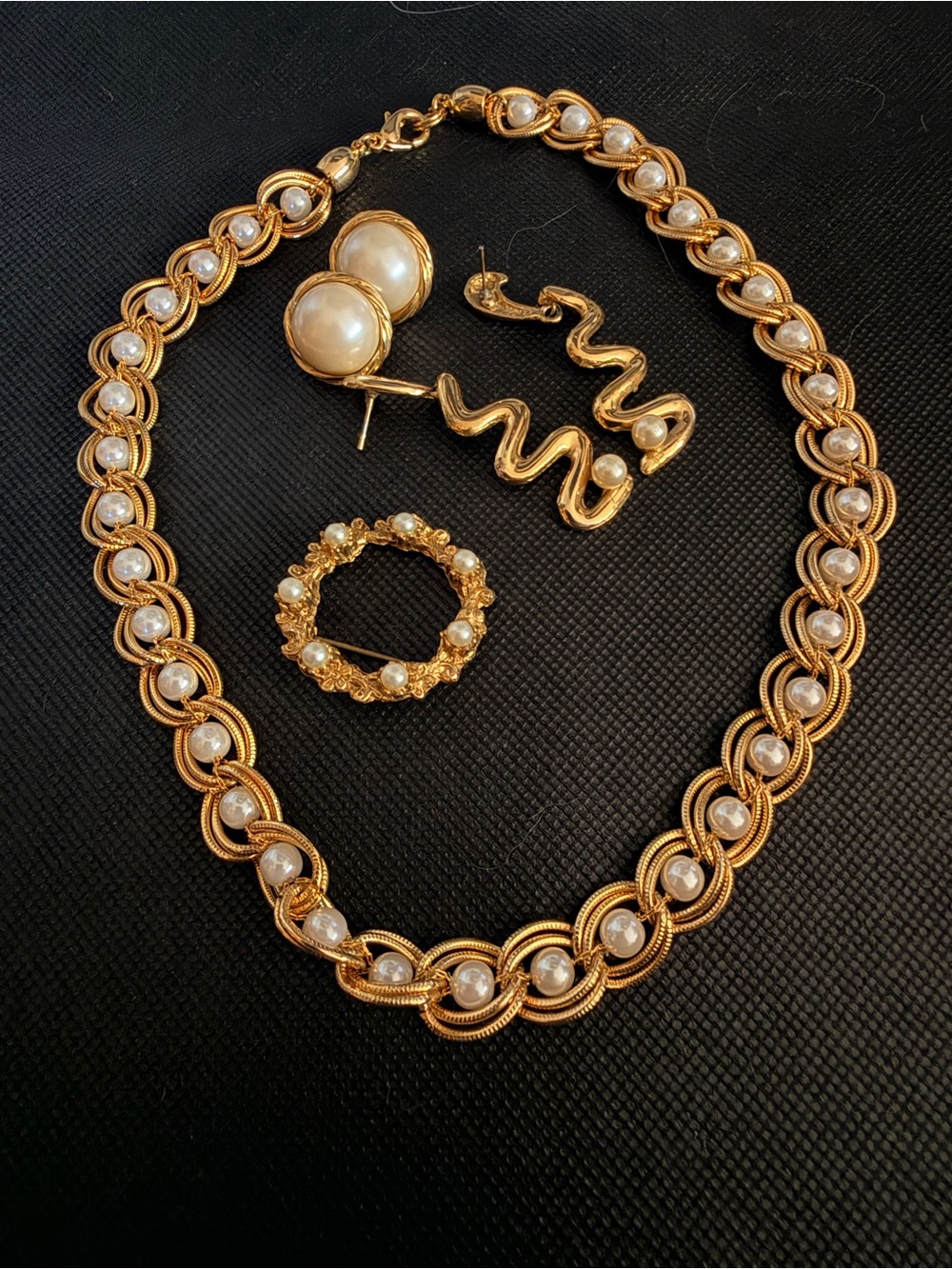 Gold-Tone Pearl Chain Necklace and Earring Set - Classic Women's Jewelry